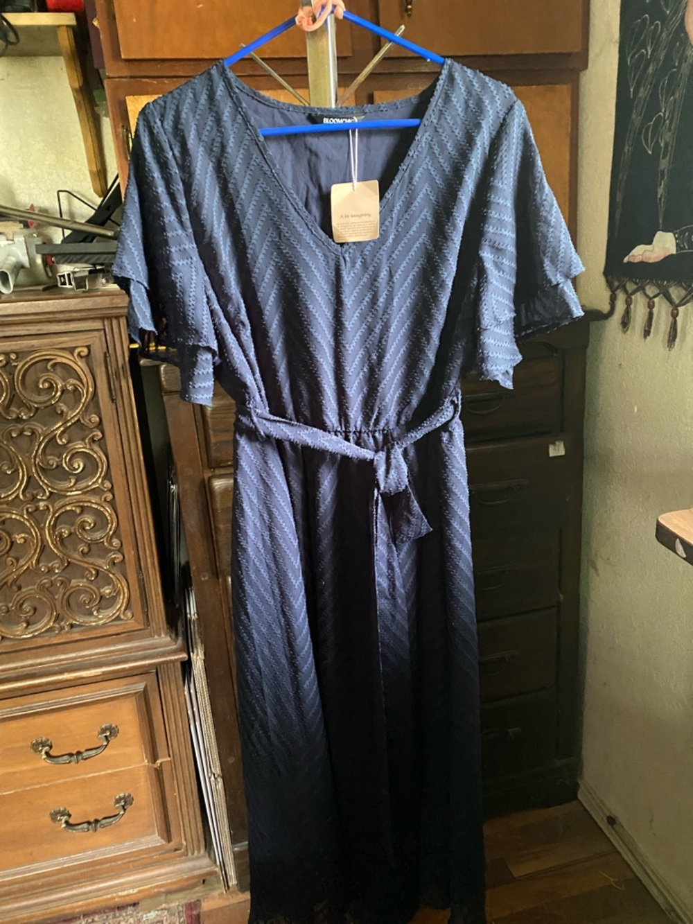 BloomChic Navy V-Neck Belted Maxi Dress